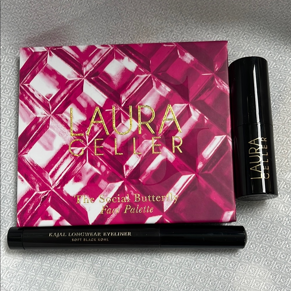 Laura Geller Makeup Palette, Black Kamala Eyeliner & Raspberry Lipstick